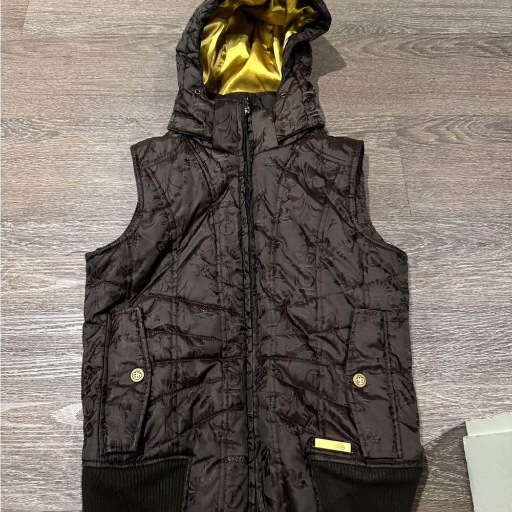 Firefly Stylish Quilted Vest with Hood - dark Brown and Gold